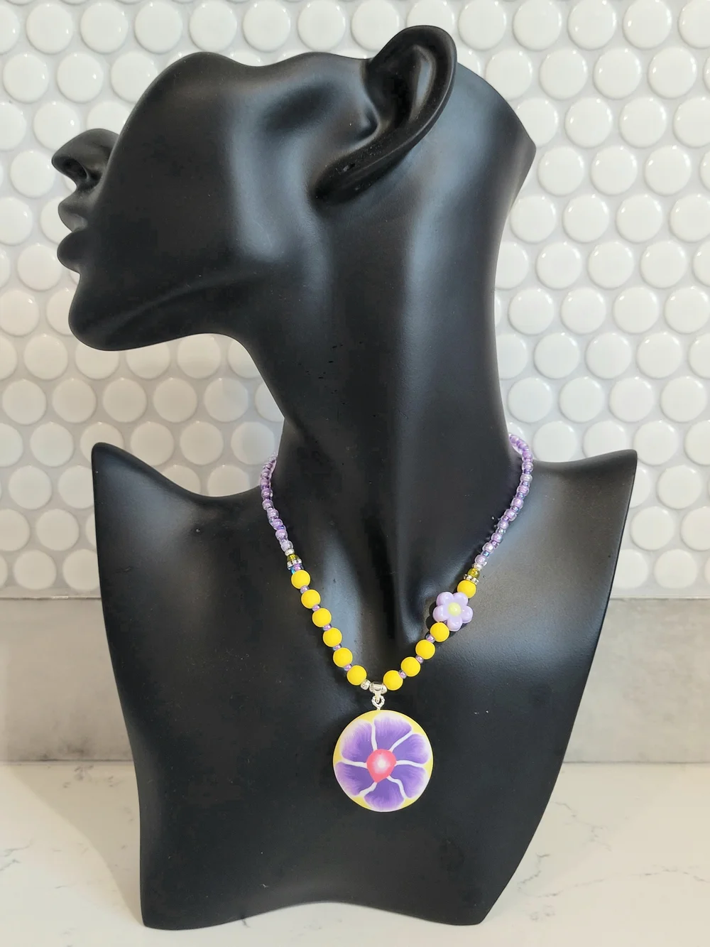 Hand Crafted Kids' Yellow and Purple Polymer Clay Flower Pendant Necklace - Picture 6 of 6